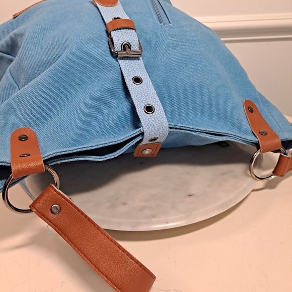 Light Blue Denim Backpack with Camel PU Trim, 2 Sections, Pockets, EUC main image 15